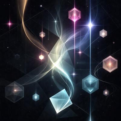 The primary subject of the image is a colorful, abstract design featuring a mix of geometric shapes and bright colors. The setting is a dark background, which contrasts with the vibrant colors and shapes. The visual style is a combination of digital art and illustration, creating a dynamic and eye-catching composition. The dominant colors are blue, pink, and yellow, which contribute to a lively and energetic atmosphere.